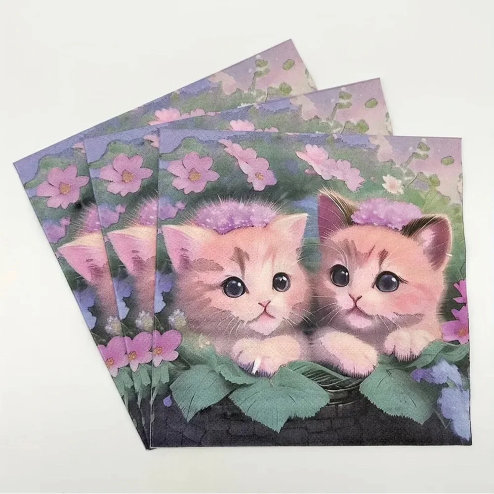 Sweet Kittens in Basket Foliage Luncheon Paper Napkins, 20 ct